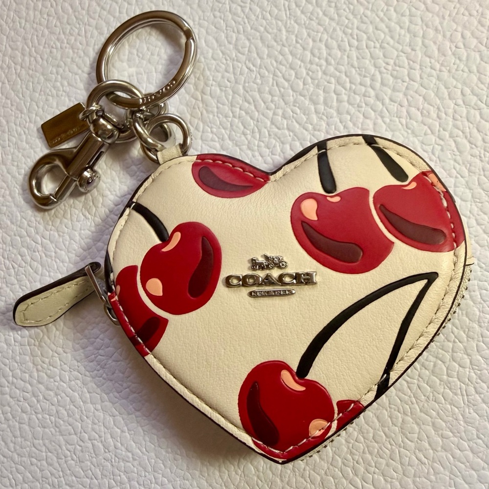 Coach Cream and Red Cherry Heart Coin Pouch
